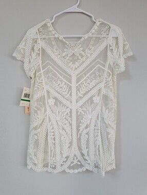 NWT Sequin Hearts Crochet Sheer Top Women's Size L Boho Festival Romantic Fairy